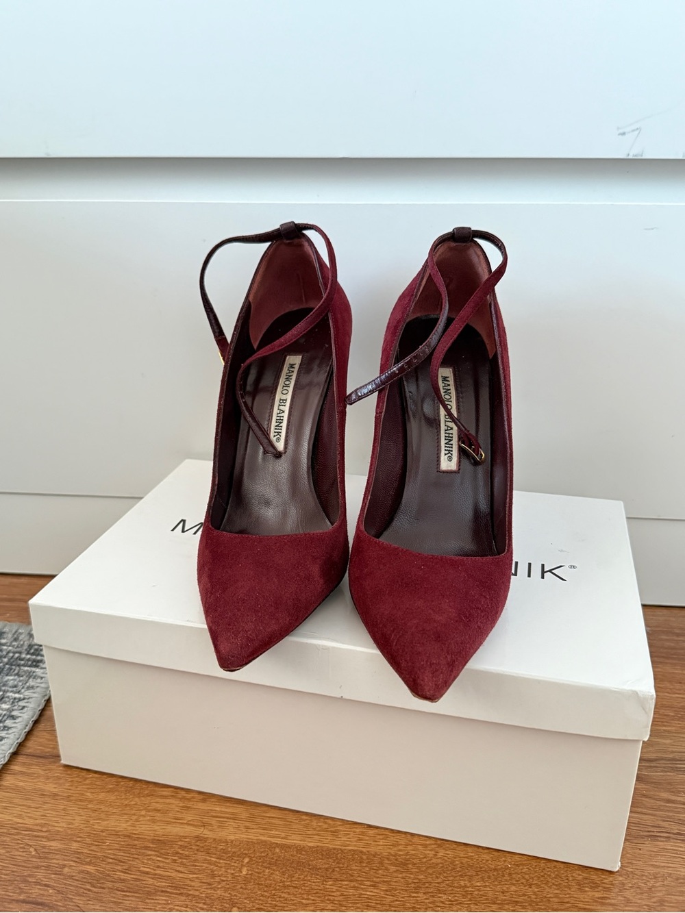 Manolo Blahnik Wine Red Suede Pointed-Toe Ankle-Strap Pumps